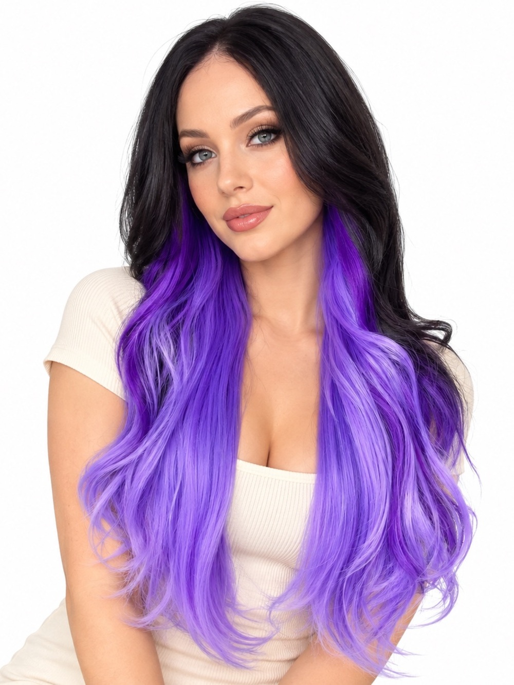 Black and purple pastel wig ombré 24 inch long middle part wavy layered Heat ok